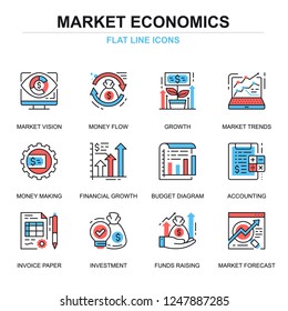Flat line global market economics icons concepts set for website and mobile site and apps. Funds raising and financial trends. Thin line color simple pictogram pack. Vector illustration.