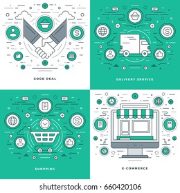 Flat line Good Deal, Delivery Service, Shopping, Business Commerce Concepts Set Vector illustrations. Modern thin linear stroke vector icons. Website Header Graphics, Banner, Infographics. 