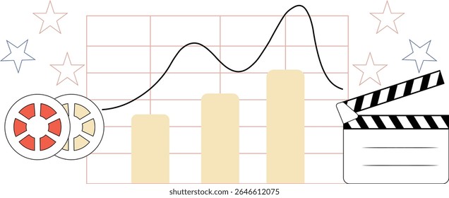 Flat Line Graph Illustrating Rise and Fall of Movie Ratings or Views With Film Reels Clapperboard and Star Icons in a Cinematic Analytics Theme - Vector Illustration