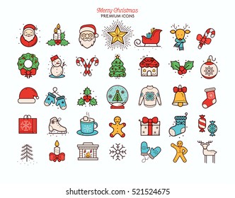 Flat Line Holiday Christmas Icons Set. Vector Set of 42 New Year Holiday Modern Line Icons for Web and Mobile. Winter Season Icons Collection