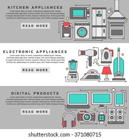 Flat line horizontal household banners set of kitchen equipment electronic appliances and digital products vector illustration