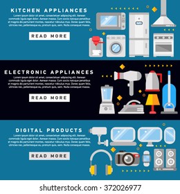 Flat line horizontal household banners set of kitchen equipment electronic appliances and digital products vector illustration
