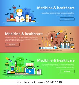 Flat line horizontal vector design concept three color green, brown, blue banner templates set of medicine and healthcare, clinic, hospital, ambulance service for presentation, linear, header, cover