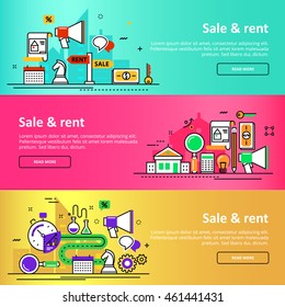 Flat line horizontal vector design concept three color aqua, yellow, pink banner templates set of sale and rent service agency real estate for presentation, linear, header, timeline, cover, web