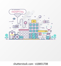 Flat Line Hospital Design Concept. Cute And Soft Color. Modern Thin Linear Stroke. For Graphic Health Care, Info Graphics, Web Design, Web Site Header And Mobile Apps. Vector Illustration.