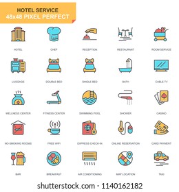 Flat line hotel services icons set for website and mobile site and apps. Contains such Icons as Luggage, Reception, Services, Fitness Center. 48x48 Pixel Perfect. Pictogram pack. Vector illustration.