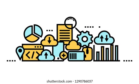 Flat line icon art style concept, Cloud computing, data storage, web services. vector illustration