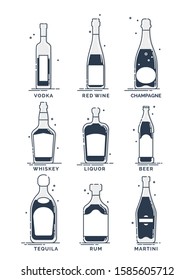 Flat line icon with bottle alcohol on white background. Party drink. Bar sign. Isolated object. Graphic collection. Vodka, wine, champagne, whiskey, liquor, beer, tequila, rum, martini. Pub beverage.
