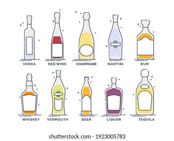 Flachzeilensymbol mit Flaschenalkohol auf weißem Hintergrund. Getränke aus der Sammlung. Balkenzeichen. Eingeschlossenes Objekt. Wodka, Wein, Champagner, Whiskey, Spirituosen, Bier, Tequila, Rum, Martini, Vermouth. Pub Getränke.
