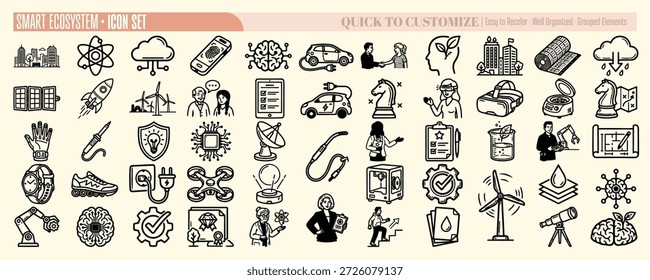 A flat line icon collection depicts smart city, energy, robotics and health symbols for app ui, web, and editorial use, vibrant.