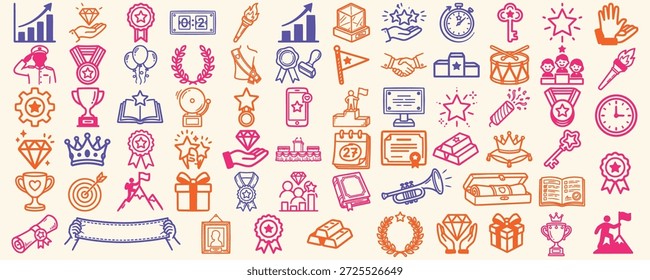 Eine flache Icon-Kollektion zeigt farbenfrohe Farbverlauf-Award- und Feier-Symbole für Web-Icons, Branding und Print-Layouts, spielerisch.