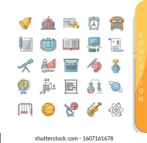 Colección de iconos de línea plana de educación y escuela. Iconos de la escuela y la enseñanza, el aprendizaje a distancia, el proceso creativo, la ciencia, el arte y el deporte.