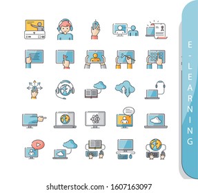 Flat line icon collection of e-learnin. Icons of distance learning, teaching, cloud computing, online learning and e book.