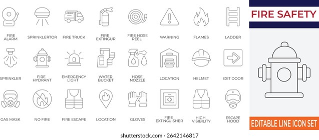 Flat line icon collection featuring essential fire safety tools and emergency equipment. Perfect for infographics, safety manuals, web apps, and evacuation plans.