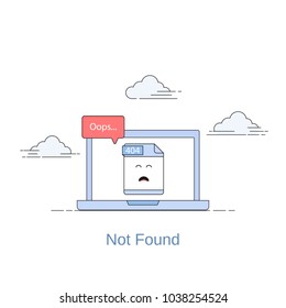 Flat line icon concept of 404 Error Page or File not found icon. File 404 on laptop display. Isolated vector illustration on a white background.