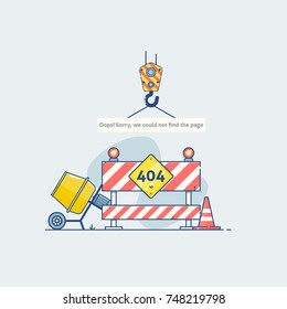 Flat line icon concept of 404 Error Page or File not found icon.Error 404 page with road construction signs.Flat line illustration concept.