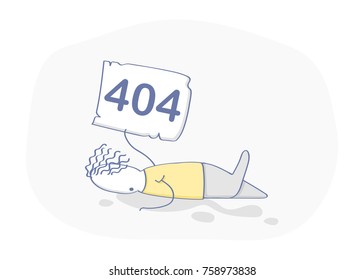 Flat line icon concept of 404 Error Page, Oops or File not found icon. Cute cartoon character with with broken leg and 404 sign in hand. Isolated vector illustration in modern trendy design style.