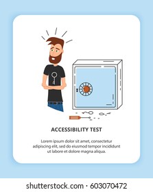 Flat Line Icon Concept Of Accessibility Test, Data or Money Security. Cute character is standing near the safe trying to open it. Web or App isolated vector design element.