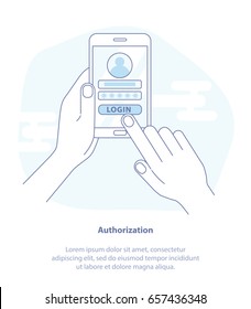 Flat line icon concept of Account log in page on smartphone screen. Hand holds the mobile phone and finger touches screen. Modern Flat isolated vector illustration.