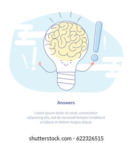 Flat Line Icon Concept Of Answers On Questions, FAQ, Manual Or New Idea Generation. A Light Bulb With A Brain Inside And With Exclamation Mark In The Hand. Isolated Vector Illustration. 
