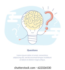 Flat line icon concept of answers on questions, FAQ, manual or new idea generation. A light bulb with a brain inside and with question mark in the hand. Isolated vector illustration. 