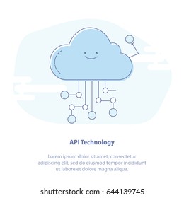 Flat line icon concept of API Technology, Application Programming Interface API Technology or Cloud Computing. Cloud with Integrations. Isolated vector illustration. 
