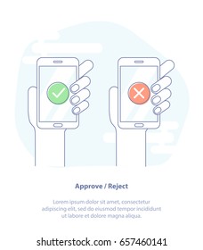 Flat line icon concept of Approve and Reject. Check mark - check or approve & deny on mobile phone screens.