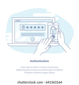 Flat line icon concept of Authentication, two step Verification. Human hand hold smart phone with sms code for log on the system on computer laptop password protected. Isolated Vector Illustration.