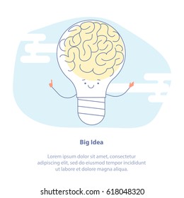 Flat line icon concept of Big Idea. Light bulb with Brain. Cartoon character with emotions. 
