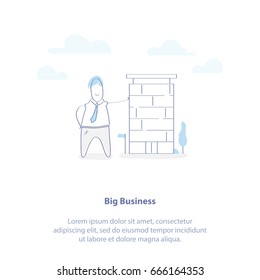 Flat line icon concept of Big Business, Sale of Real Estate, Architecture of the House. Cute businessman is standing near big house, he owns a large business. Isolated vector illustration.
