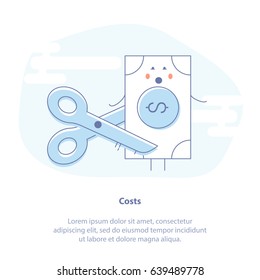 Flat Line Icon Concept Of Budget Cut, Reduce Costs, Inflation Or Expenses. Scissors Cut A Piece From A Money Bill. Isolated Vector Illustration.