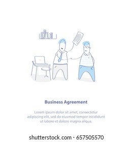 Flat line icon concept of Business Agreement, Business Collaboration or Deals between companies. Cute business people standing with a signed contract. Isolated vector illustration un trendy design.