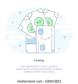 Flat line icon concept of Cashing, Money transfers or Online Banking. Vector illustration of cute happy pile of money, credit card. 