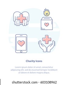 Flat Line Icon Concept of Charity Icons. Vector Illustration Icon Set of Elements for Charity, Nonprofit Organizations, Donation Centre, Fundraising and Crowdfunding Project Labels and Logo