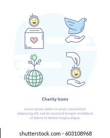 Flat Line Icon Concept of Charity Icons. Vector Illustration Icon Set of Elements for Charity, Nonprofit Organizations, Donation Centre, Fundraising and Crowdfunding Project Labels and Logo