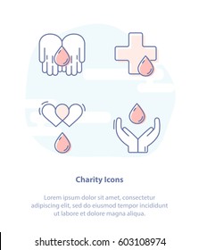 Flat Line Icon Concept of Charity Icons. Vector Illustration Icon Set of Elements for Charity, Nonprofit Organizations, Donation Centre, Fundraising and Crowdfunding Project Labels and Logo