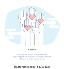 Flat Line Icon Concept of Charity, Philanthropy, Fundraising or Volunteer Symbol. Rising Hands for Help. Isolated vector illustration concept. Card or Poster Template.