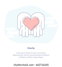 Flat line icon concept of Charity, Donate, Fundraising. Graphic Elements for Nonprofit Organizations and Donation Centre. Hands give love. Isolated vector illustration. 
