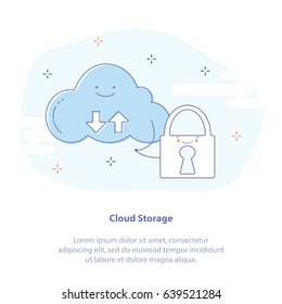Flat Line Icon Concept of Computer Technology, Network and Database, Internet center or Cloud storage. Happy cloud and lock. Isolated vector illustration, layout style.
