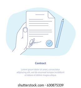 Flat line icon concept of Contract, Agreement, Terms and conditions. Vector illustration of white paper with signature, hand, pen.