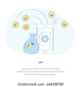 Flat line icon concept of CPI affiliate program, Pay Per Install or Mobile Marketing. Earnings on the internet - cute bag of money and a mobile phone. Vector illustration.