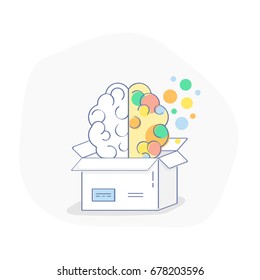 Flat line icon concept of Creativity, Inspiration, idea and imagination, innovation and discovery, think outside the box. Left and right hemisphere of human brain in open box.