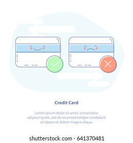 Flat line icon concept of Credit Cards. Happy and Upset credit cards. Isolated Vector Illustration.