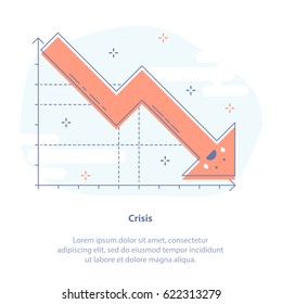 Flat line icon concept of crisis, slump or drop in sales. Upset falling down graph. Isolated vector illustration