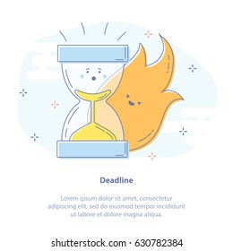 Flat line icon concept of Deadline, Time running out. Cute vector icon concept of Hourglass clock in fire. 