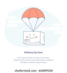 Flat line icon concept of Delivery Service and E-Commerce. Package is flying on parachute. Isolated vector illustration.