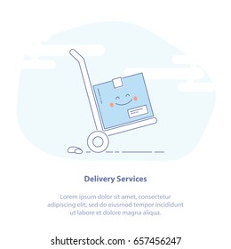 Flat line icon concept of Delivery Service. Wheelbarrow with cute smiley Package Box. Isolated vector illustration in trendy line style design.