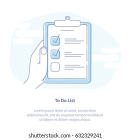 Flat line icon concept of To Do List, Organizer, Checklist paper reminder in hand. Isolated Vector Illustration. 