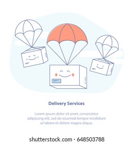 Flat line icon concept of Fast Delivery Service, Parcels Delivery. Happy cute Packages are flying on parachutes. E-Commerce template. Isolated vector illustration.