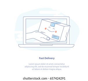 Flat line icon concept of Fast Express Online Delivery Service. Hands holding a cute Packaging Box out of laptop screen. Isolated Vector Illustration.